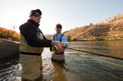 A client getting a spey casting lesson on the Deschutes River